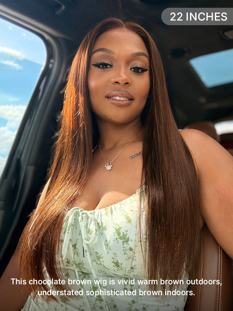 Rich Chocolate Brown Silky Straight 180% Density Glueless 13x4 Lace Frontal Wig Pre-Cut Lace