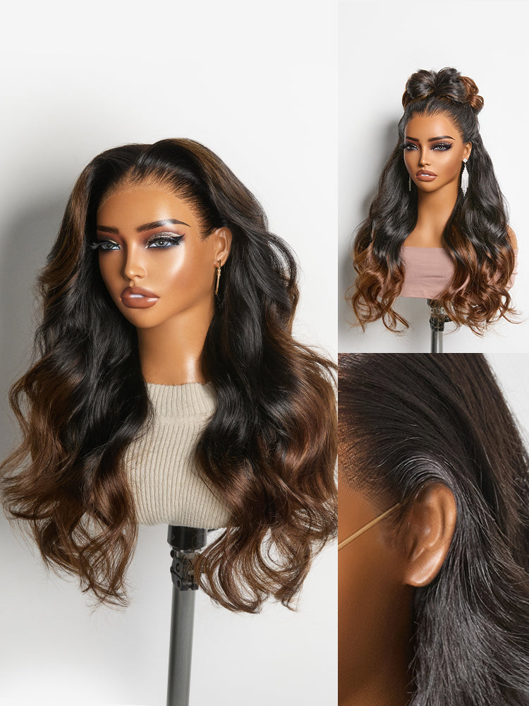 NatureMAX™ 200% Density Ombre Brown / Natural Black Loose Wave Glueless 13x6 / 13x4 HD Lace Front Wig Human Hair Pre-Cut Lace Flexi-Fit Drawstring Cap