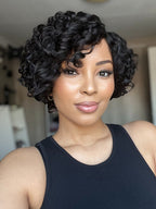 Natural Black / Brown Highlight Water Wave Pixie Cut Glueless Minimalist HD Lace Short Curly Wig