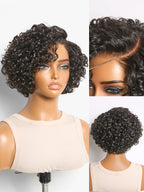 Natural Black / Brown Highlight Water Wave Pixie Cut Glueless Minimalist HD Lace Short Curly Wig