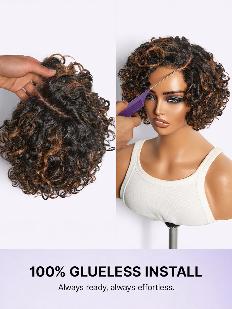 Natural Black / Brown Highlight Water Wave Pixie Cut Glueless Minimalist HD Lace Short Curly Wig