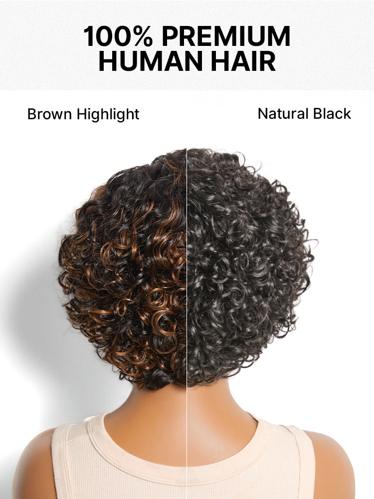 Natural Black / Brown Highlight Water Wave Pixie Cut Glueless Minimalist HD Lace Short Curly Wig