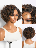Natural Black / Brown Highlight Water Wave Pixie Cut Glueless Minimalist HD Lace Short Curly Wig