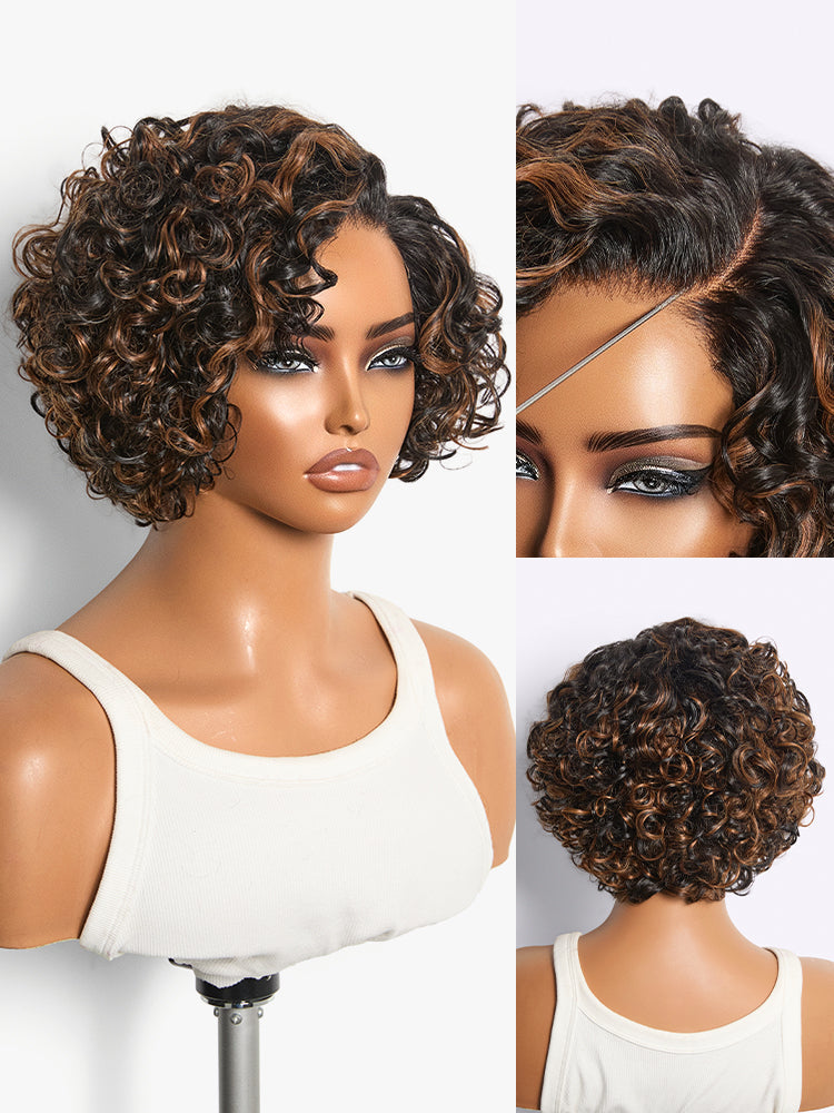 Natural Black / Brown Highlight Water Wave Pixie Cut Glueless Minimalist HD Lace Short Curly Wig