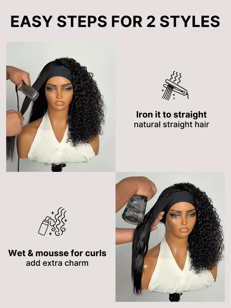 Beginner Friendly Water-Wave Wet and Wavy Headband Wig with Integrated Cooling Silk Headband, Effortless Wet-to-Dry Transformation (Get 2 Free Headbands)