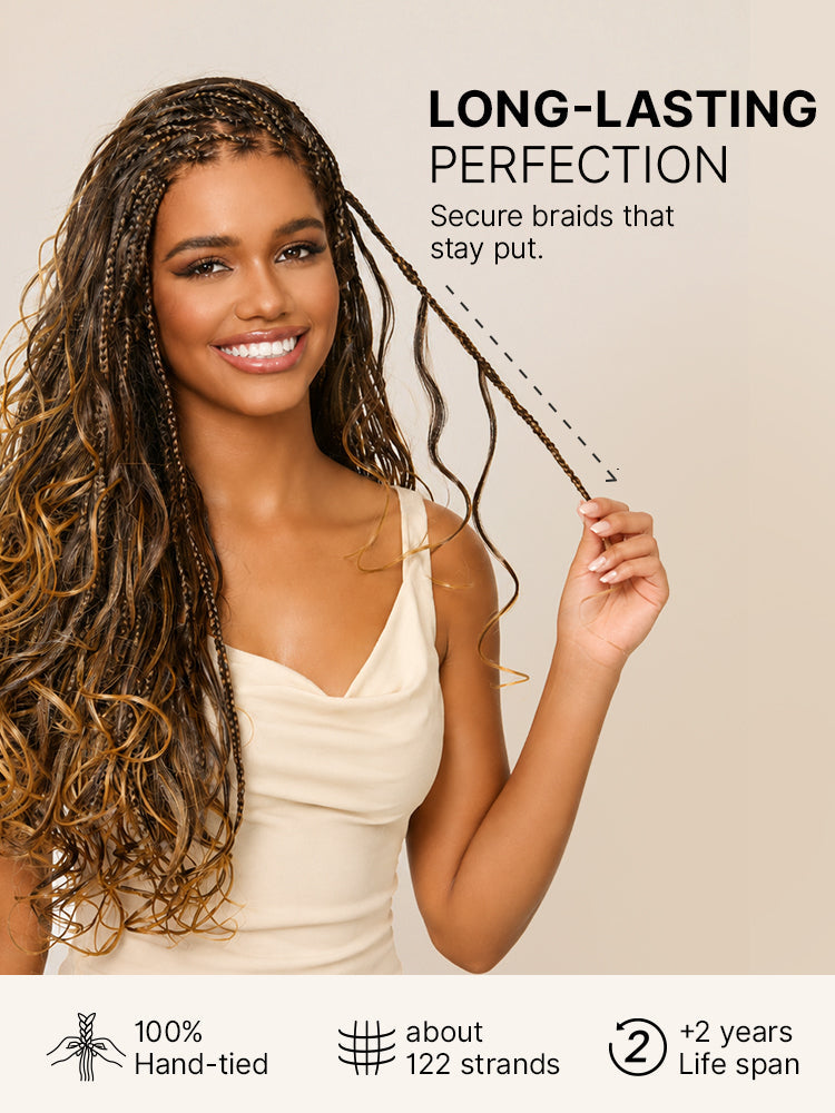 OwnScalp™Ombre Honey Blonde French Curl Knotless Boho Braids HD Full Lace Long Wig Flexi Fit Invisi Drawstring Cap - US Only