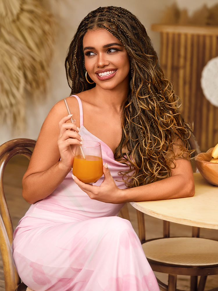 OwnScalp™Ombre Honey Blonde French Curl Knotless Boho Braids HD Full Lace Long Wig Flexi Fit Invisi Drawstring Cap - US Only