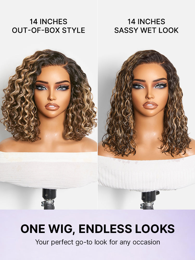 Ready to Go Blonde Highlight / Natural Black / Ombre Brown Water Wave Short Curly Bob Wig Glueless Minimalist HD Lace Wig Pre-Cut Lace