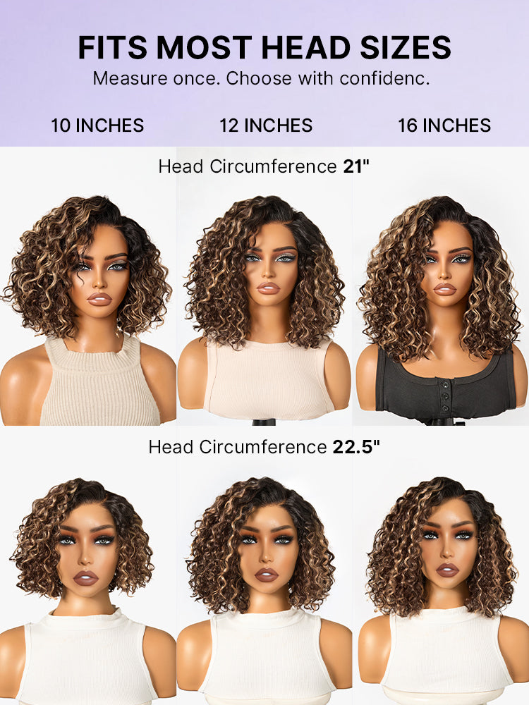 Ready to Go Blonde Highlight / Natural Black / Ombre Brown Water Wave Short Curly Bob Wig Glueless Minimalist HD Lace Wig Pre-Cut Lace