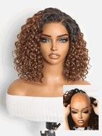 Ready to Go Blonde Highlight / Natural Black / Ombre Brown Water Wave Short Curly Bob Wig Glueless Minimalist HD Lace Wig Pre-Cut Lace