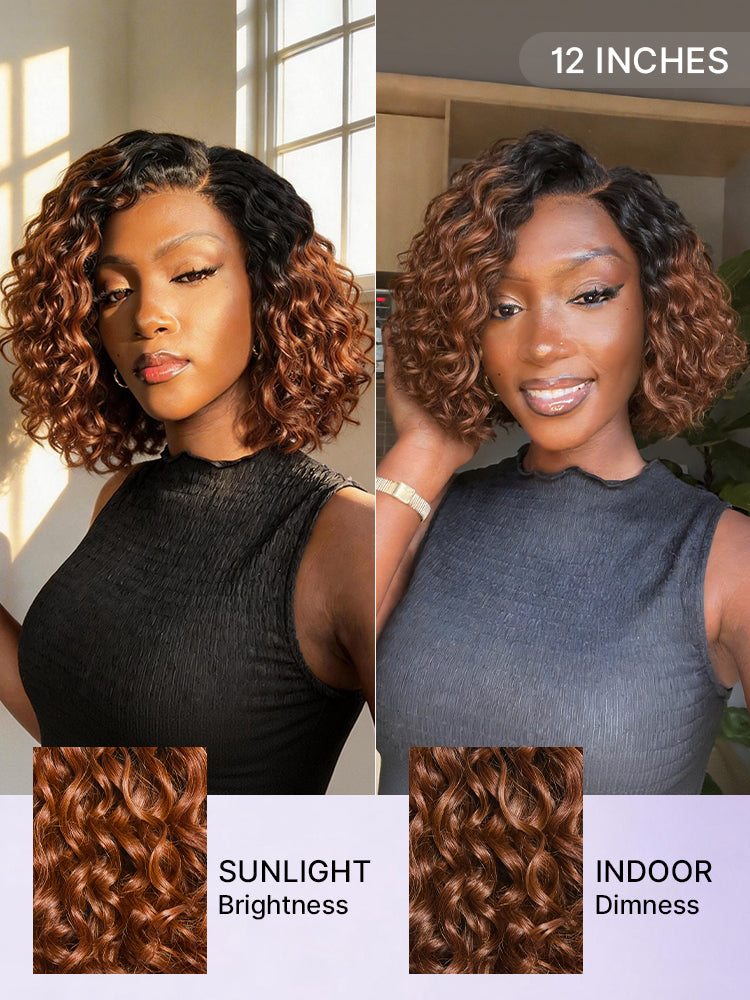 Ready to Go Blonde Highlight / Natural Black / Ombre Brown Water Wave Short Curly Bob Wig Glueless Minimalist HD Lace Wig Pre-Cut Lace
