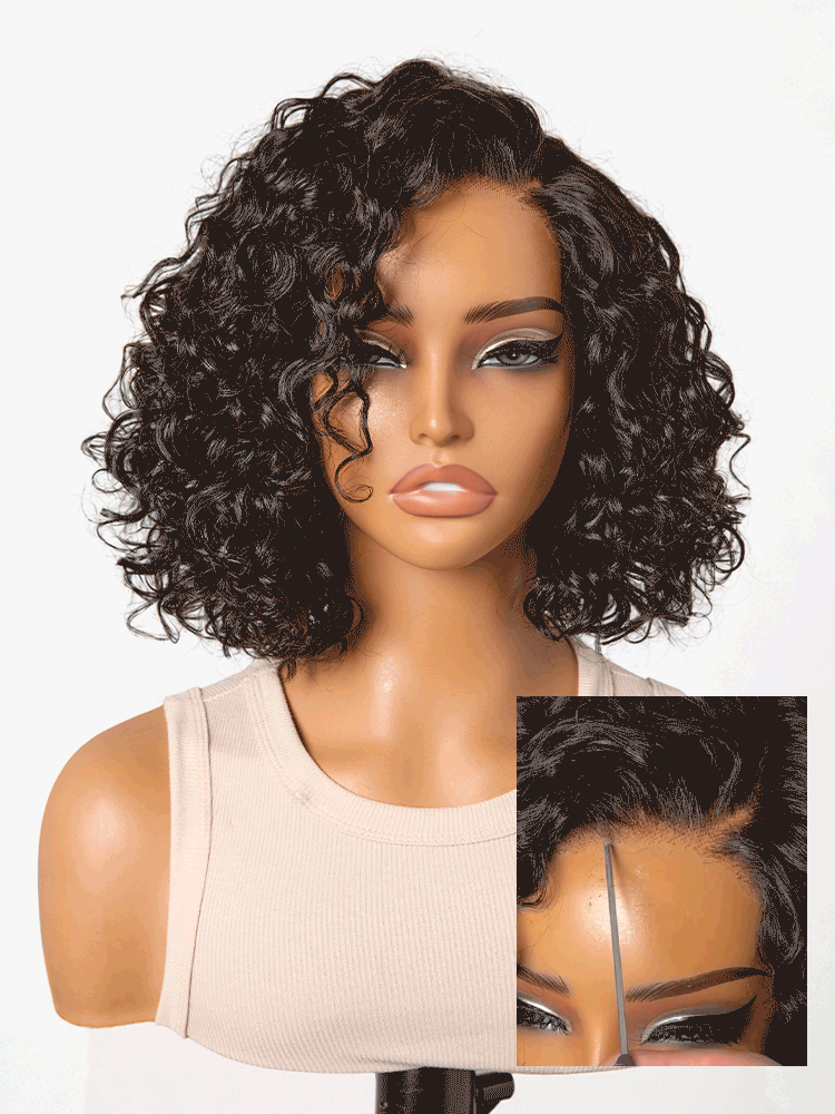 Ready to Go Blonde Highlight / Natural Black / Ombre Brown Water Wave Short Curly Bob Wig Glueless Minimalist HD Lace Wig Pre-Cut Lace