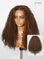 180% Density Copper Highlight Kinky Curly Glueless 5x5 Lace Closure Wig Pre-Cut Lace