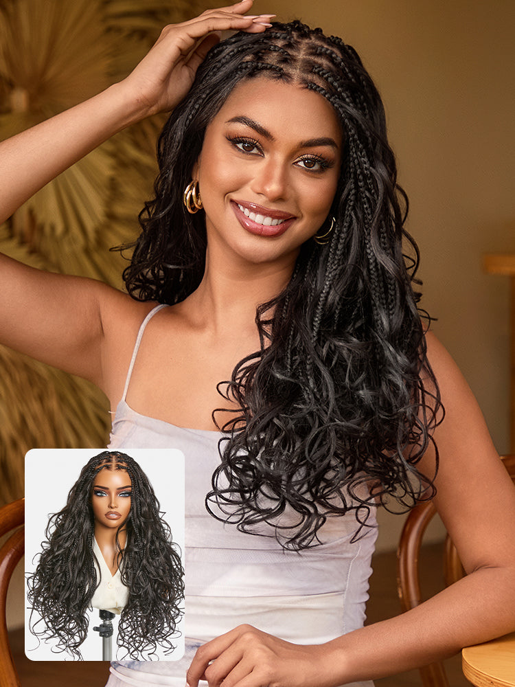 OwnScalp™ French Curl Knotless Boho Braids HD Full Lace Long Wig Flexi Fit Invisi Drawstring Cap - US Only