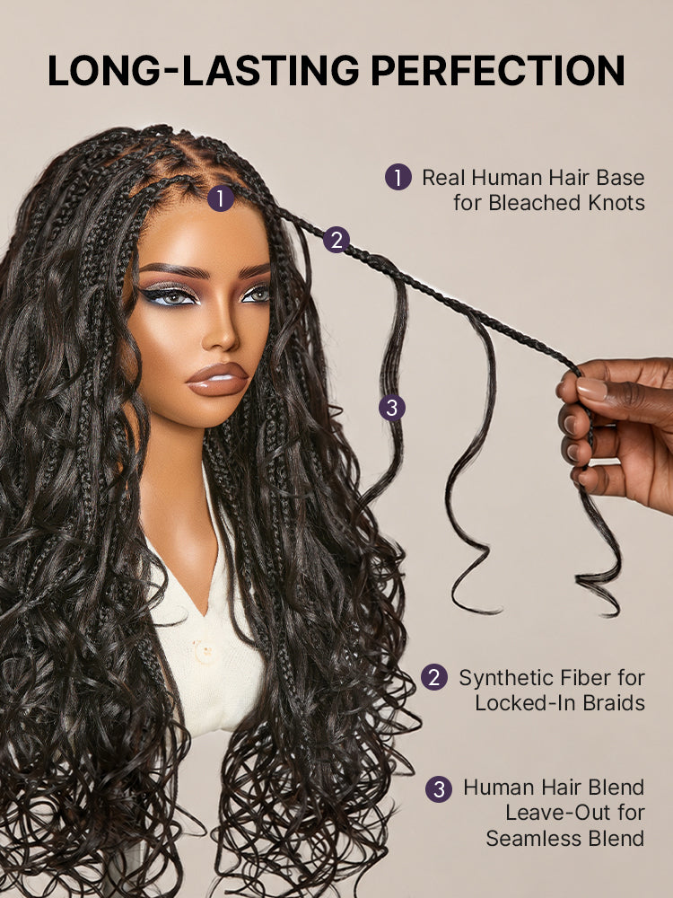 OwnScalp™ French Curl Knotless Boho Braids HD Full Lace Long Wig Flexi Fit Invisi Drawstring Cap - US Only