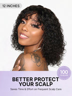Beginner Friendly Water Wave Minimalist Lace Glueless Short Curly Wig with Bangs
