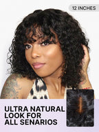 Beginner Friendly Water Wave Minimalist Lace Glueless Short Curly Wig with Bangs