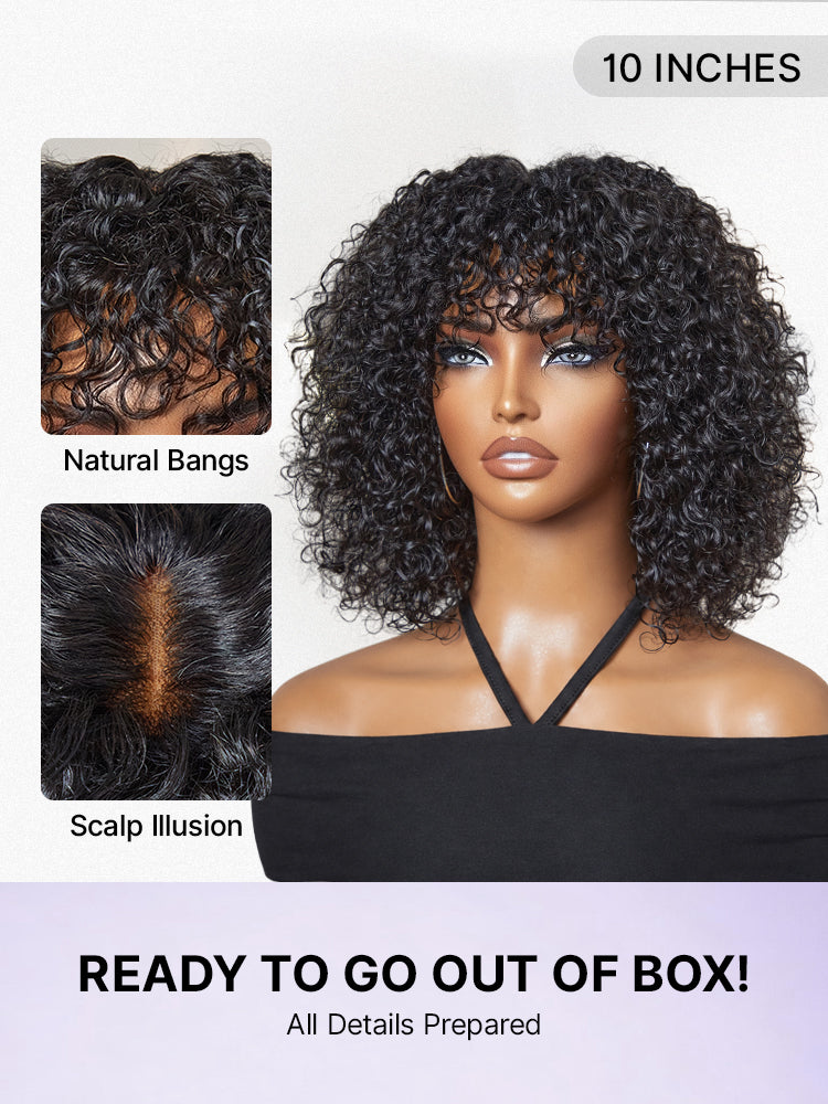 Beginner Friendly Water Wave Minimalist Lace Glueless Short Curly Wig with Bangs