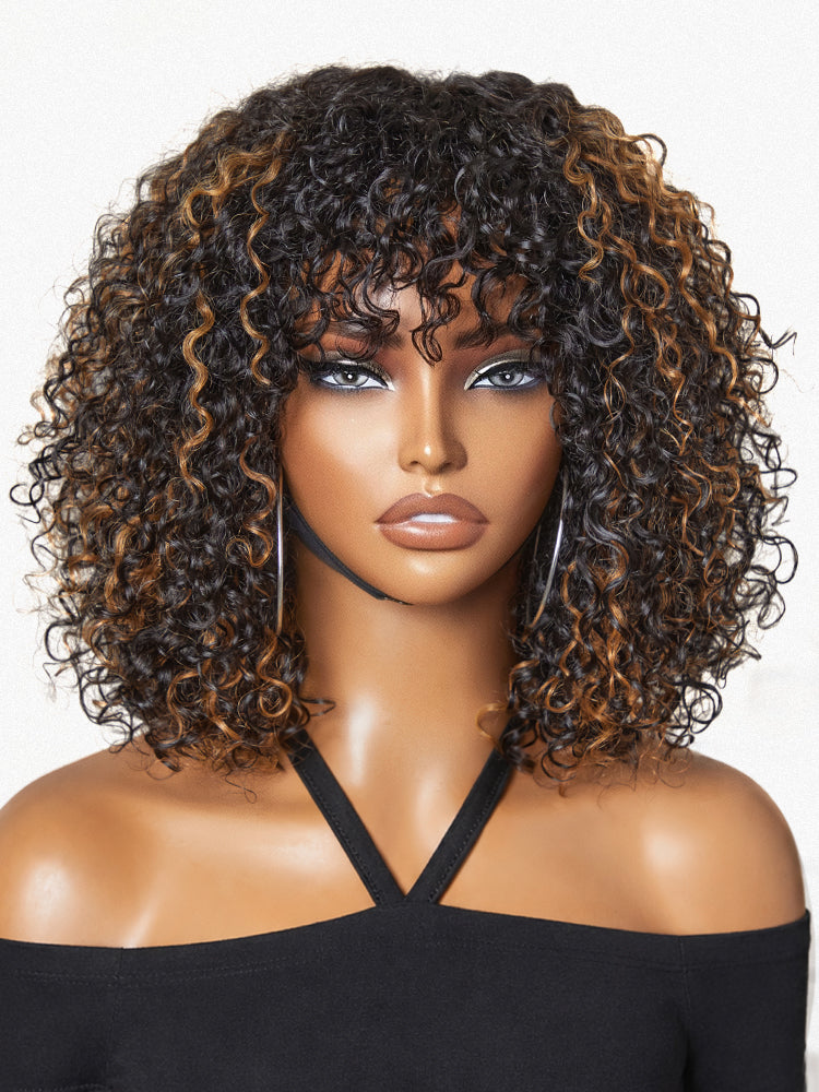 Beginner Friendly Water Wave Minimalist Lace Glueless Short Curly Wig with Bangs