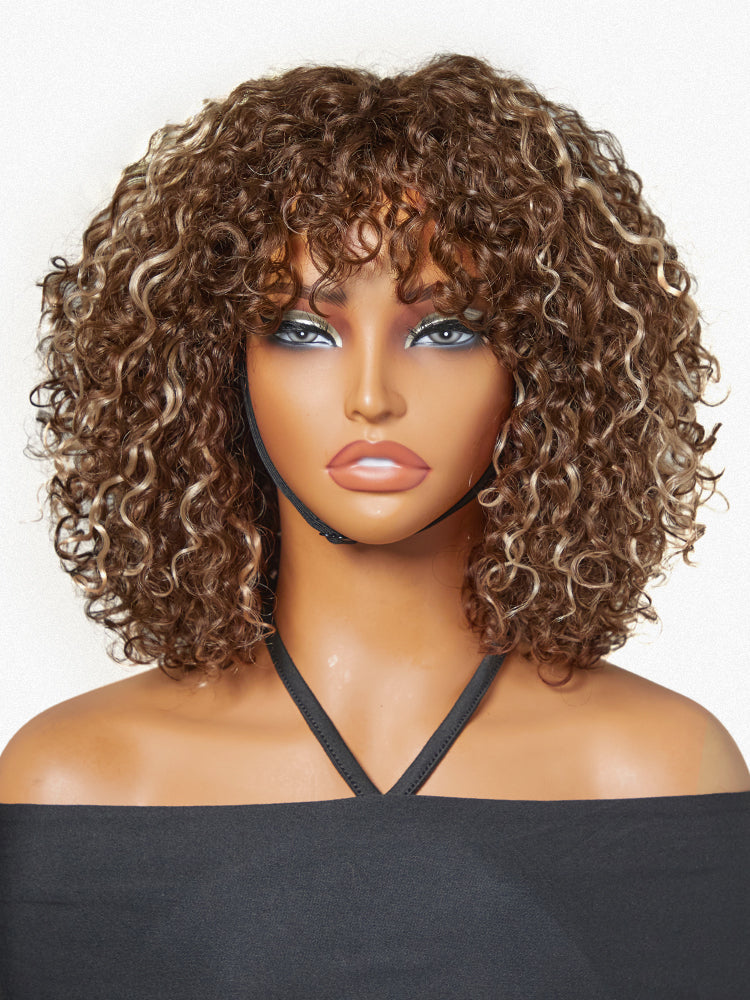 Beginner Friendly Water Wave Minimalist Lace Glueless Short Curly Wig with Bangs