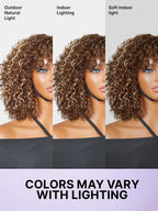 Beginner Friendly Water Wave Minimalist Lace Glueless Short Curly Wig with Bangs