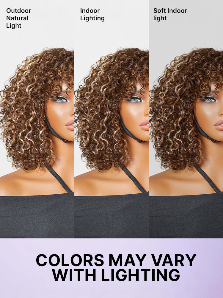 Beginner Friendly Water Wave Minimalist Lace Glueless Short Curly Wig with Bangs