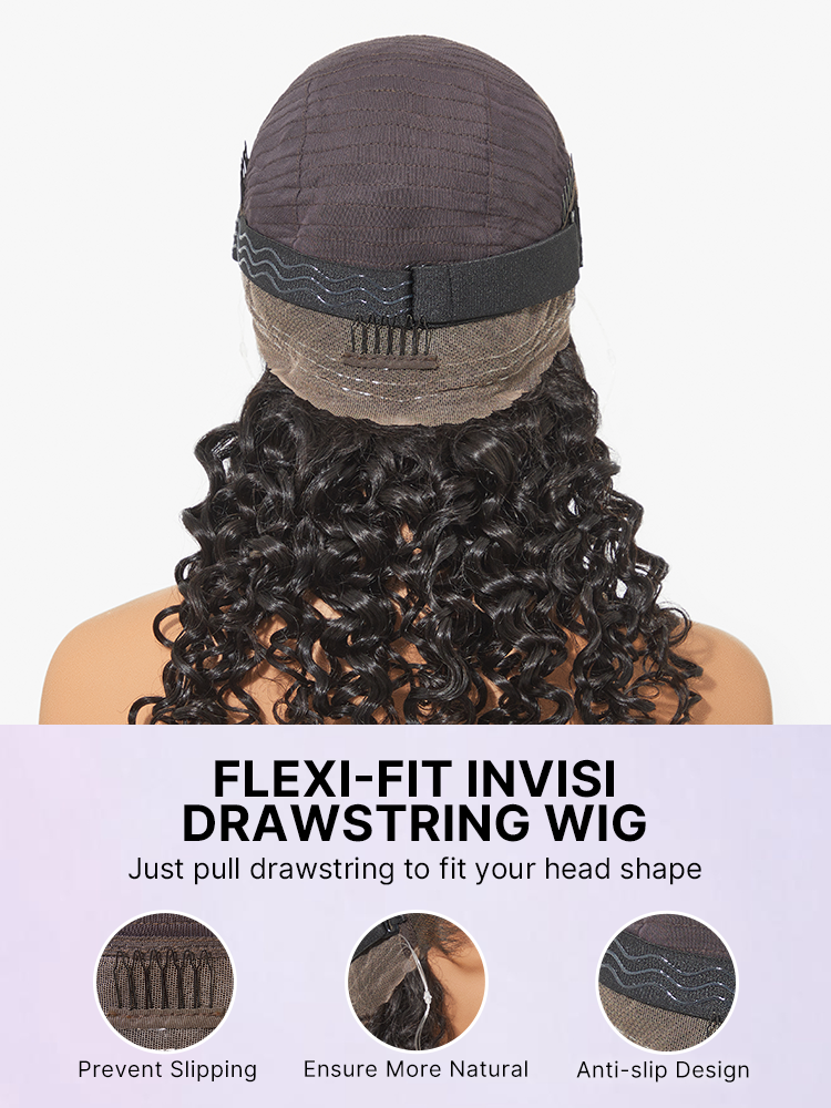 Water Wave 360 Lace Flexi-Fit Invisi Drawstring Cap Long Wig 100% Human Hair Pre-bleached & Pre-plucked & Pre-Cut Lace