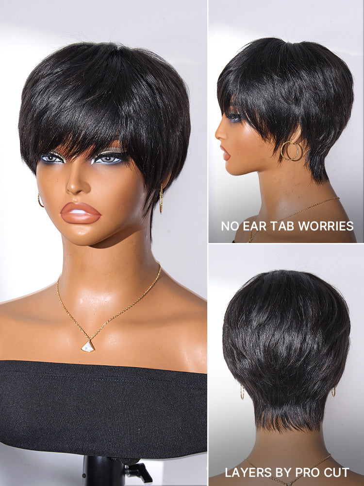 Throw On & Go Short Cut with Bangs Wig Ultra Comfort Skin-Like Soft Care Glueless Wig Hair Loss Friendly