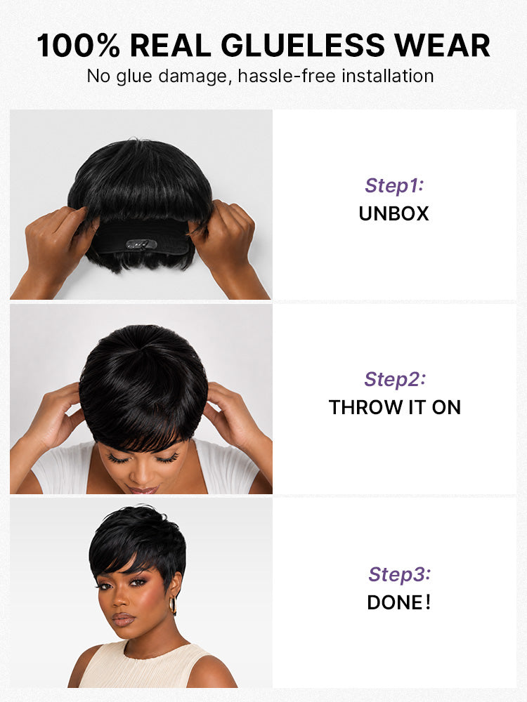 Throw On & Go Short Cut with Bangs Wig Ultra Comfort Skin-Like Soft Care Glueless Wig Hair Loss Friendly