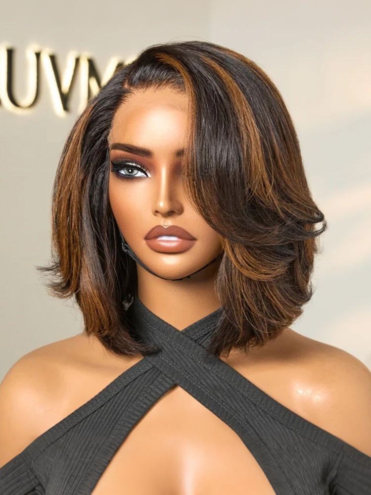 Toffee Brown Mix Blonde / Brown Highlight Layered Cut Glueless 5x5 Closure Lace Bob Wig Pre-cut Lace All-Day Comfort Cap