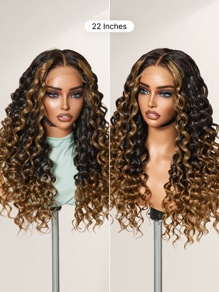 Fluffy Brown Ombre Highlights Water Wave Glueless 5x5 Closure HD Lace Long Curly Wig Breathable Cap