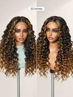 Fluffy Brown Ombre Highlights Water Wave Glueless 5x5 Closure HD Lace Long Curly Wig Breathable Cap