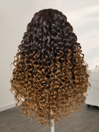 Fluffy Brown Ombre Highlights Water Wave Glueless 5x5 Closure HD Lace Long Curly Wig Breathable Cap