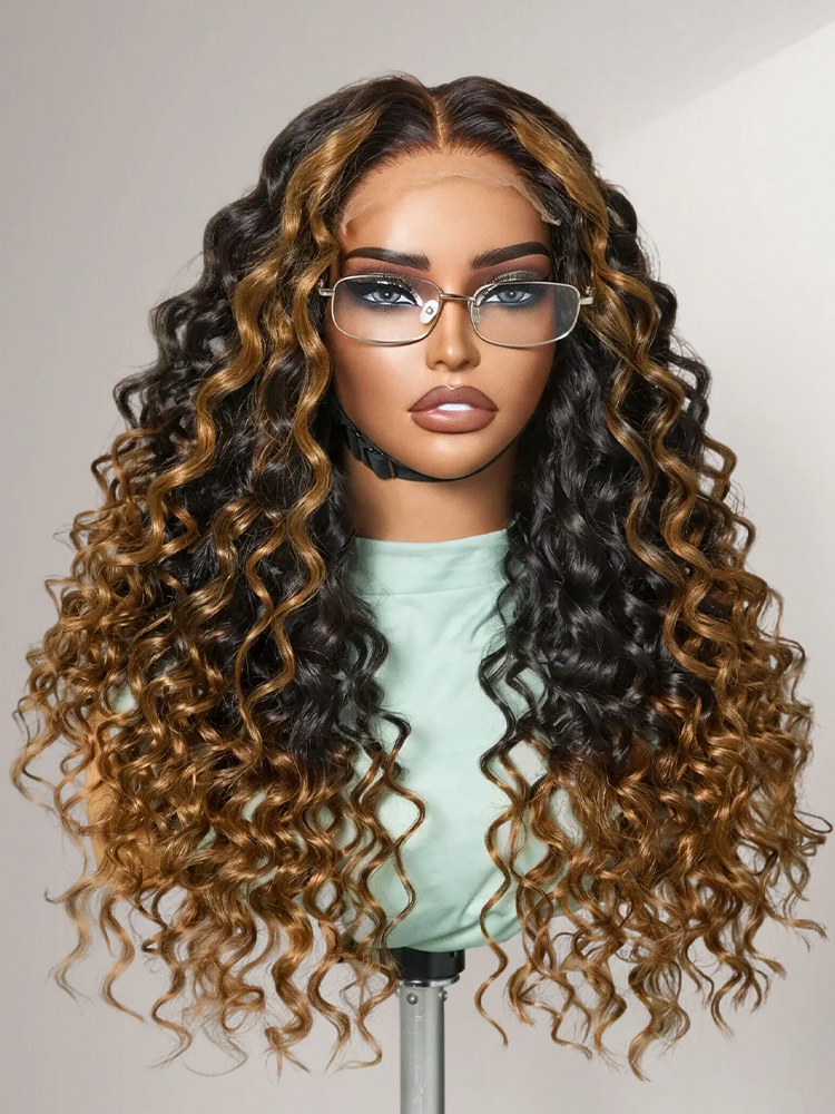 Fluffy Brown Ombre Highlights Water Wave Glueless 5x5 Closure HD Lace Long Curly Wig Breathable Cap