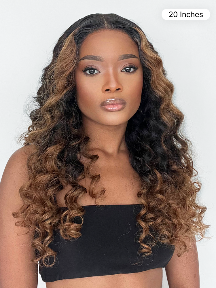 Fluffy Brown Ombre Highlights Water Wave Glueless 5x5 Closure HD Lace Long Curly Wig Breathable Cap