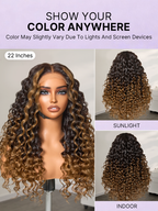 Fluffy Brown Ombre Highlights Water Wave Glueless 5x5 Closure HD Lace Long Curly Wig Breathable Cap