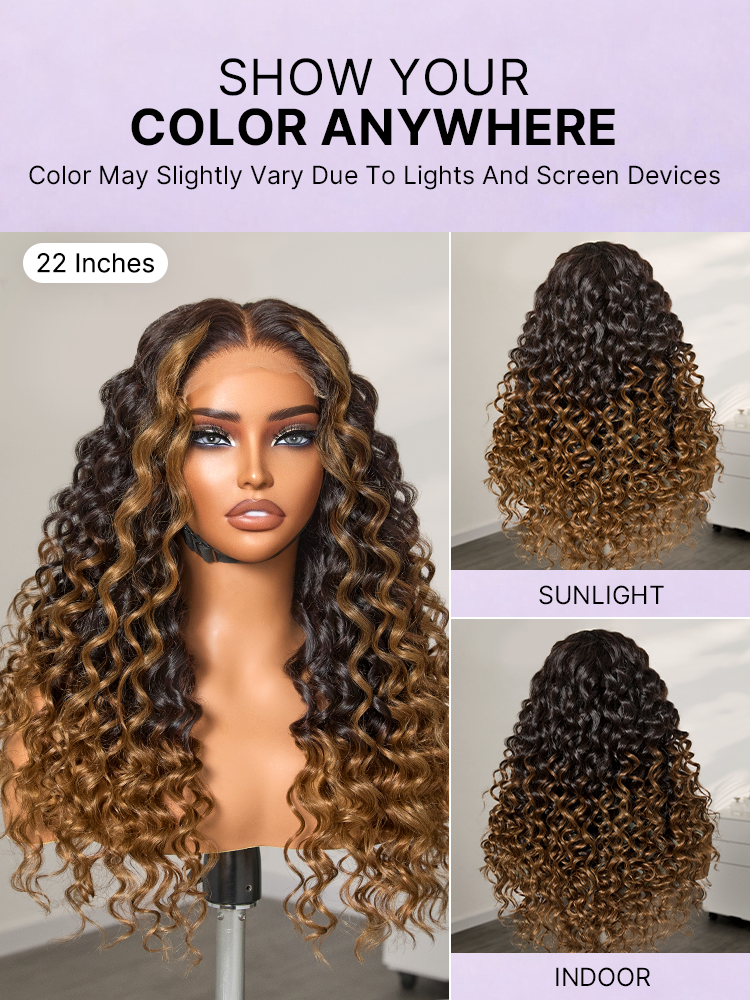 Fluffy Brown Ombre Highlights Water Wave Glueless 5x5 Closure HD Lace Long Curly Wig Breathable Cap