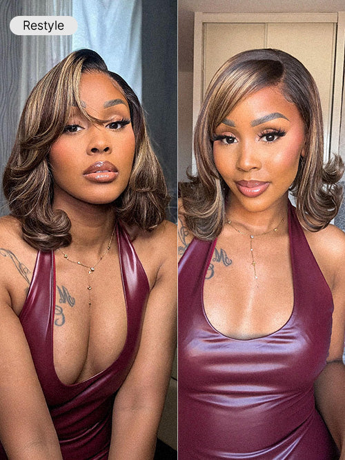 Blonde Highlight / Brown Highlight Short Layered Bob Wig Glueless 5x5 Closure Pre-Cut Lace Wig