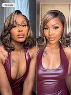 Blonde Highlight / Brown Highlight Short Layered Bob Wig Glueless 5x5 Closure Pre-Cut Lace Wig