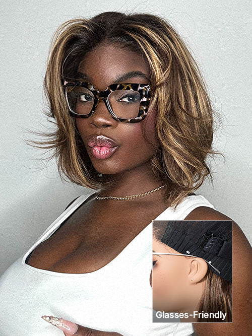 Blonde Highlight / Brown Highlight Short Layered Bob Wig Glueless 5x5 Closure Pre-Cut Lace Wig