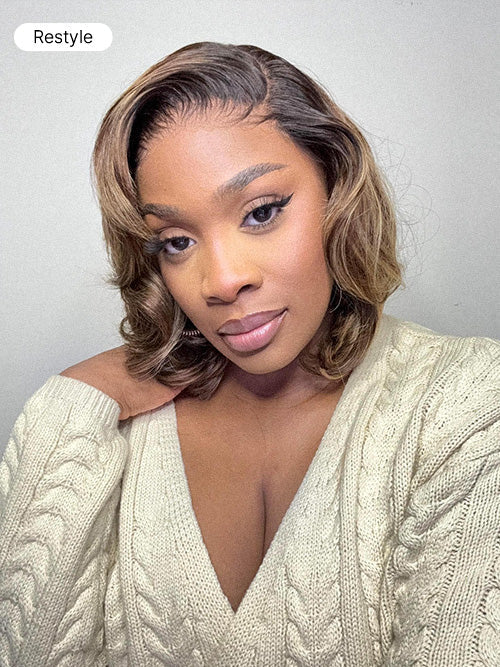 Blonde Highlight / Brown Highlight Short Layered Bob Wig Glueless 5x5 Closure Pre-Cut Lace Wig