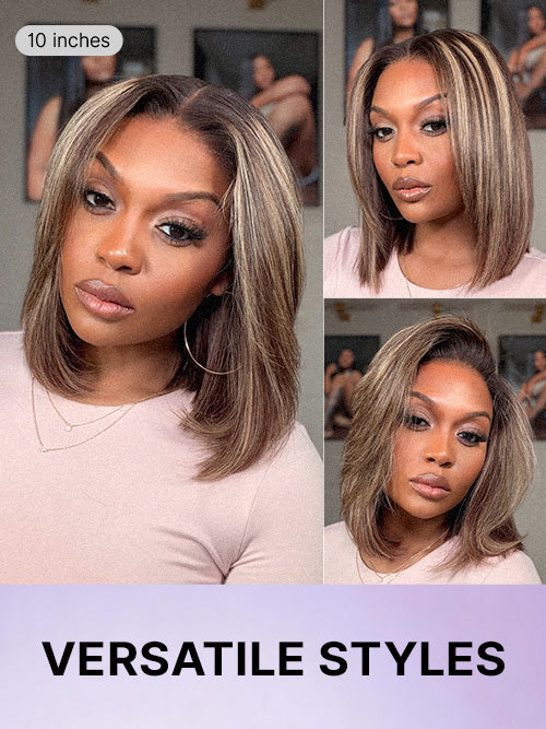 Blonde Highlight / Brown Highlight Short Layered Bob Wig Glueless 5x5 Closure Pre-Cut Lace Wig