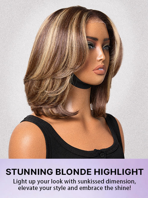 Blonde Highlight / Brown Highlight Short Layered Bob Wig Glueless 5x5 Closure Pre-Cut Lace Wig