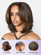Blonde Highlight / Brown Highlight Short Layered Bob Wig Glueless 5x5 Closure Pre-Cut Lace Wig