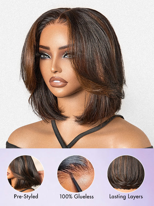 Blonde Highlight / Brown Highlight Short Layered Bob Wig Glueless 5x5 Closure Pre-Cut Lace Wig