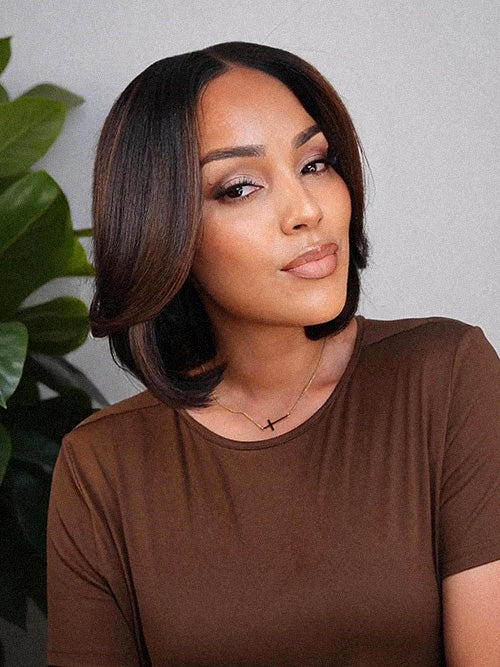 Blonde Highlight / Brown Highlight Short Layered Bob Wig Glueless 5x5 Closure Pre-Cut Lace Wig