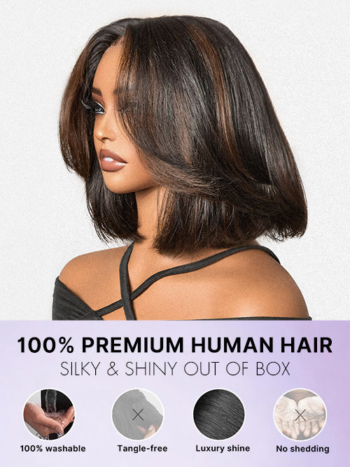 Blonde Highlight / Brown Highlight Short Layered Bob Wig Glueless 5x5 Closure Pre-Cut Lace Wig