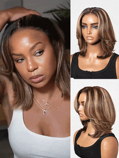 Blonde Highlight / Brown Highlight Short Layered Bob Wig Glueless 5x5 Closure Pre-Cut Lace Wig
