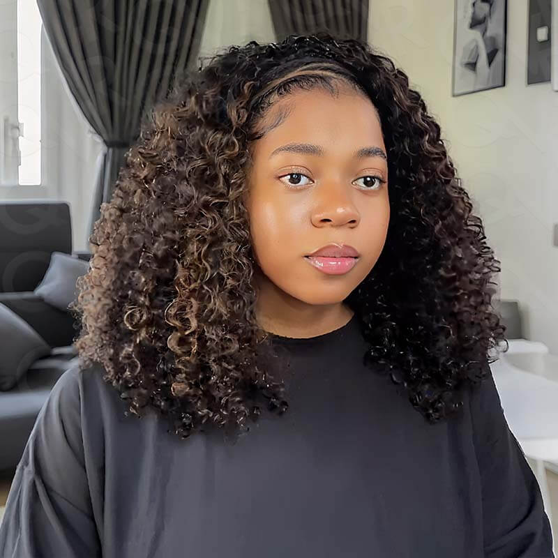 QVR Glueless Dark Brown Twist Curly Half Wig with Black Roots 250% Density Human Hair Wig #T1B/4 Wear Go Flip Over Wig