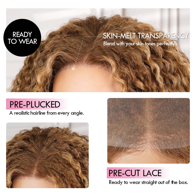 QVR Blonde Highlight #P4/27 Burmese Curly Glueless 5X5 Pre-cut Lace Closure Human Hair Wigs